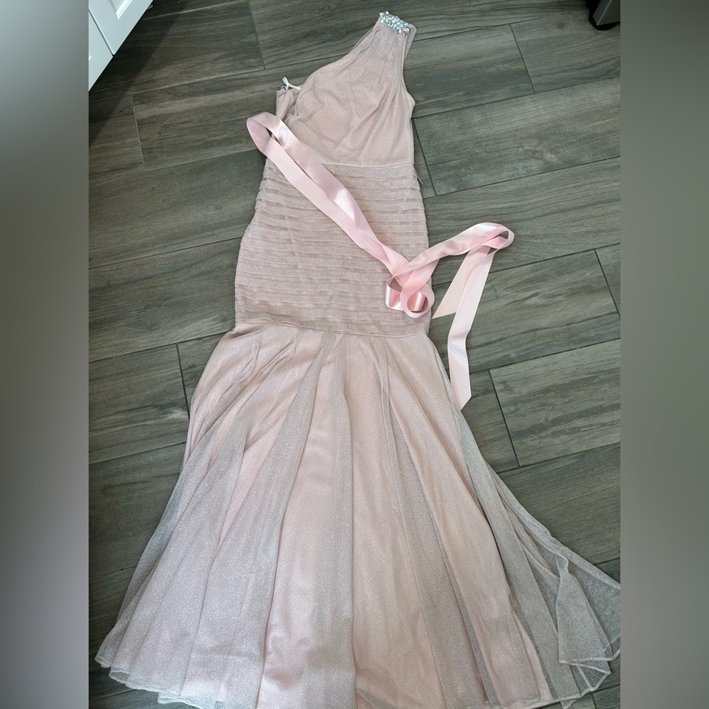 Long mermaid style pink dress. Great for prom, black tie wedding.